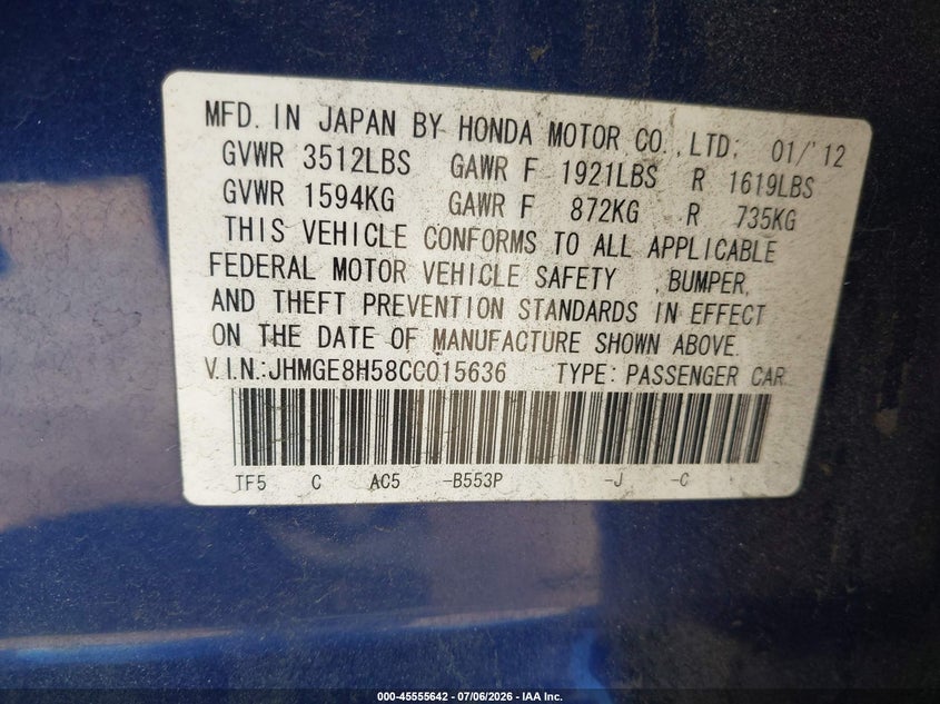 2012 Honda Fit VIN JHMGE8H58CC015636 IAAI salvage auction — NORMAL WEAR, Clear - Dealer Only (California), sold $1,525 on 2026-07-22 (photo 9)
