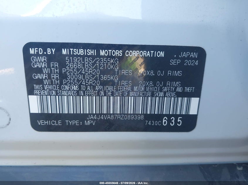 2024 Mitsubishi Outlander VIN JA4J4VA87RZ089398 IAAI salvage auction — FRONT END, Salvage Title, sold $9,200 on 2026-07-22 (photo 9)