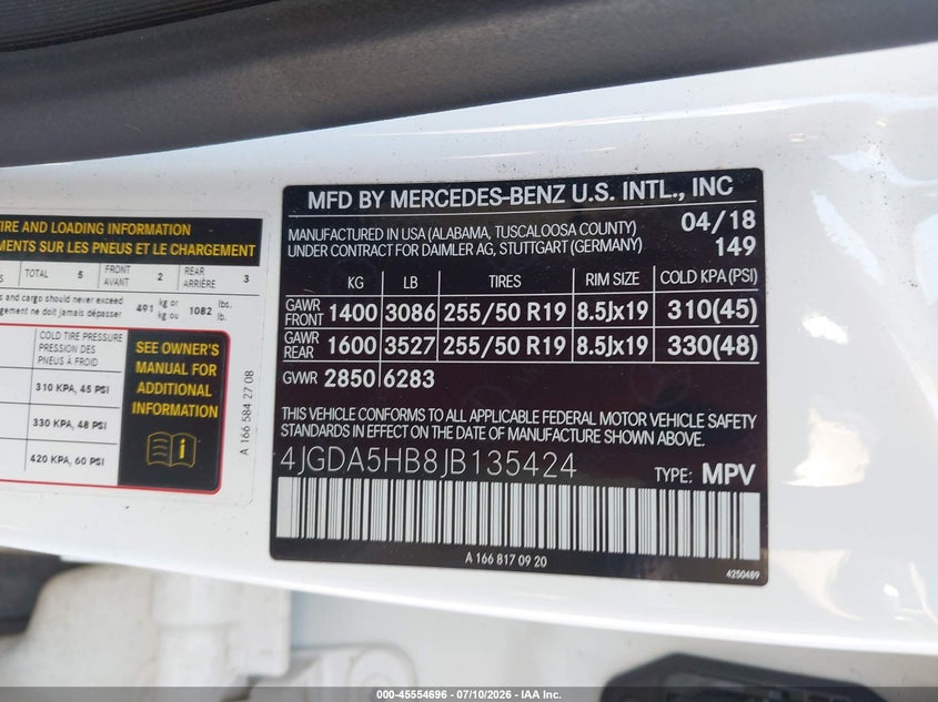 2018 Mercedes-benz Gle VIN 4JGDA5HB8JB135424 IAAI salvage auction — FRONT END, Salvage Title, sold $5,000 on 2026-08-01 (photo 9)