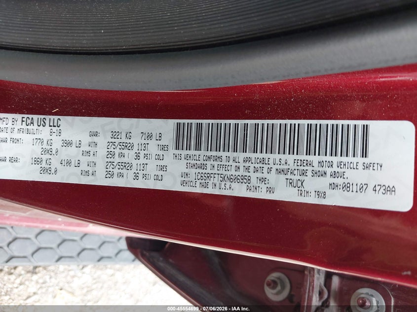 2019 Ram 1500 VIN 1C6SRFFT5KN606958 IAAI salvage auction — FRONT & REAR, Salvage (Indiana), sold $14,550 on 2026-09-02 (photo 9)