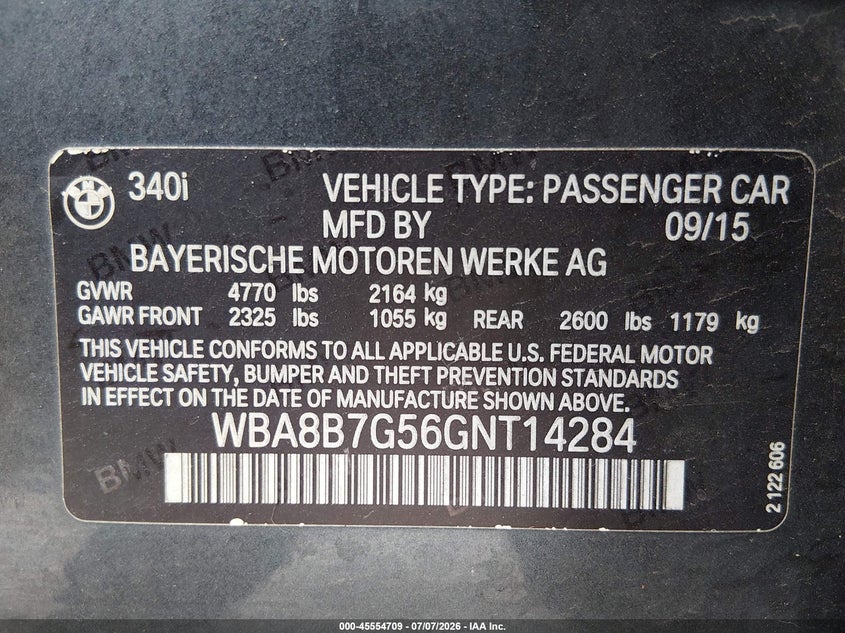 2016 BMW 3er VIN WBA8B7G56GNT14284 IAAI salvage auction — FRONT END, Salvage Title, sold $3,000 on 2026-08-25 (photo 9)