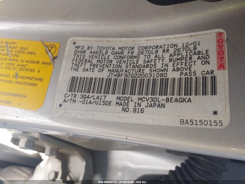 2002 Lexus Es 300 VIN JTHBF30G220031080 IAAI salvage auction — NORMAL WEAR, Clear (New Jersey), sold $575 on 2026-07-20 (photo 9)