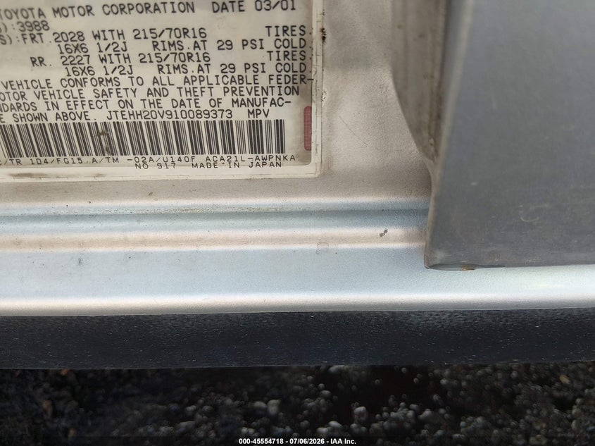 2001 Toyota Rav4 VIN JTEHH20V910089373 IAAI salvage auction — NORMAL WEAR, Clear (New Mexico), sold $675 on 2026-07-29 (photo 9)