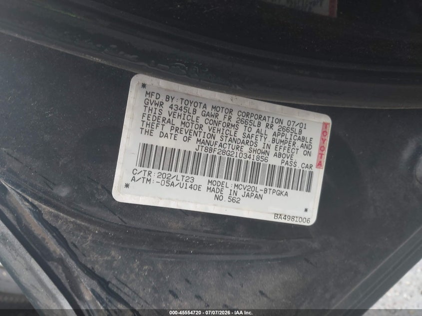 2001 Lexus Es 300 VIN JT8BF28G210341856 IAAI salvage auction — NORMAL WEAR, Clear (Massachusetts), sold $500 on 2026-07-24 (photo 9)