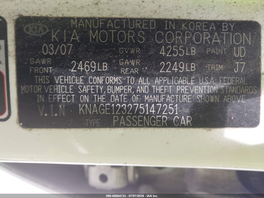 2007 Kia Optima VIN KNAGE123275147251 IAAI salvage auction — RIGHT REAR, Salvage (North Carolina), sold $700 on 2026-07-28 (photo 9)