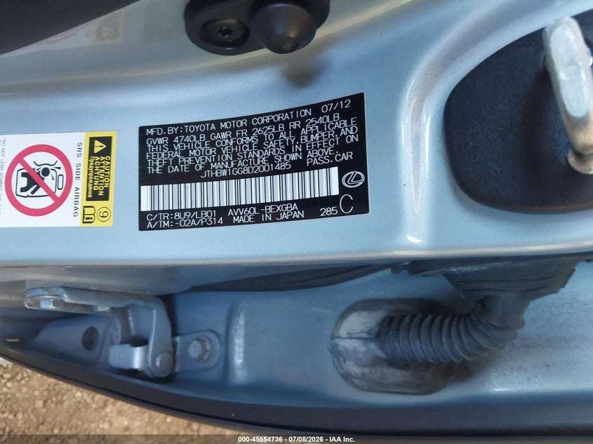 2013 Lexus ES VIN JTHBW1GG8D2001485 IAAI salvage auction — BIOHAZARD/CHEMICAL, Salvage (South Carolina), sold $4,200 on 2026-08-02 (photo 9)