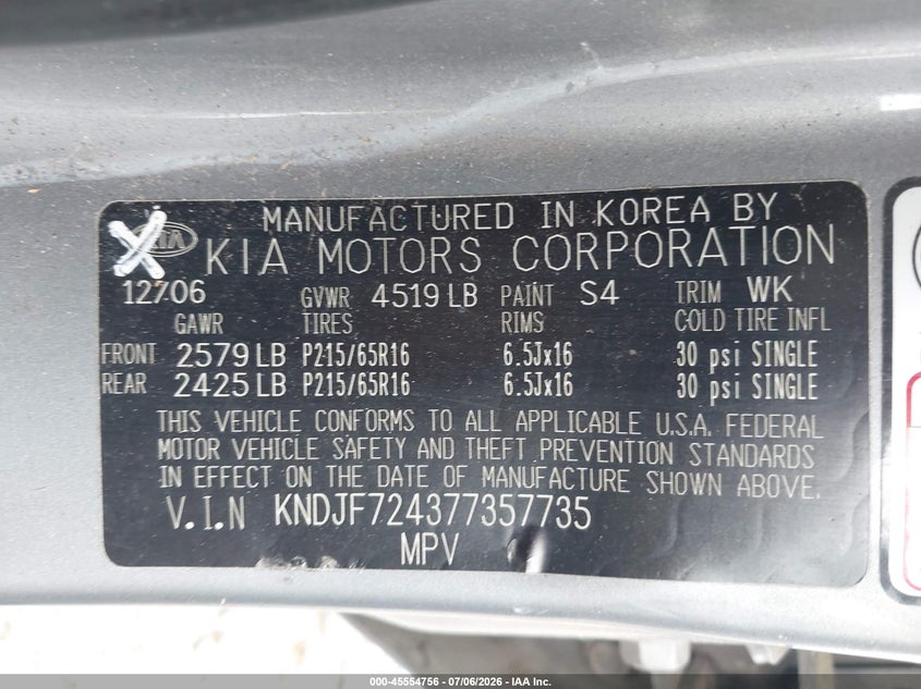 2007 Kia Sportage VIN KNDJF724377357735 IAAI salvage auction — NORMAL WEAR, Clear (Georgia), sold $400 on 2026-07-14 (photo 9)