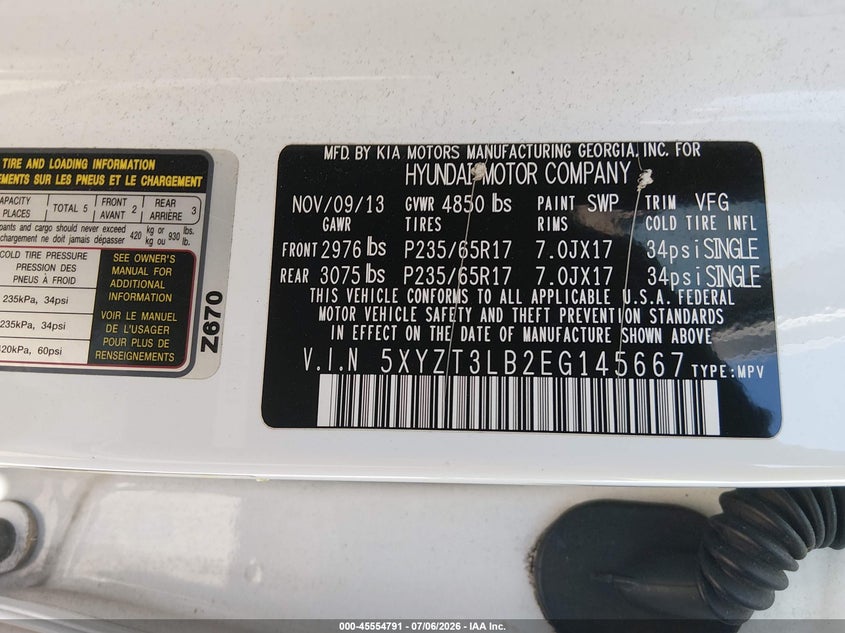 2014 Hyundai Santa fe VIN 5XYZT3LB2EG145667 IAAI salvage auction — UNKNOWN, Clear - Dealer Only (California), sold $1,500 on 2026-07-29 (photo 9)