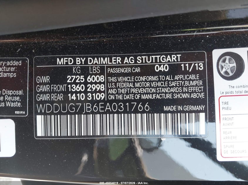 2014 Mercedes-benz S-klasse amg VIN WDDUG7JB6EA031766 IAAI salvage auction — FRONT END, Salvage Title, sold $11,250 on 2026-08-25 (photo 9)