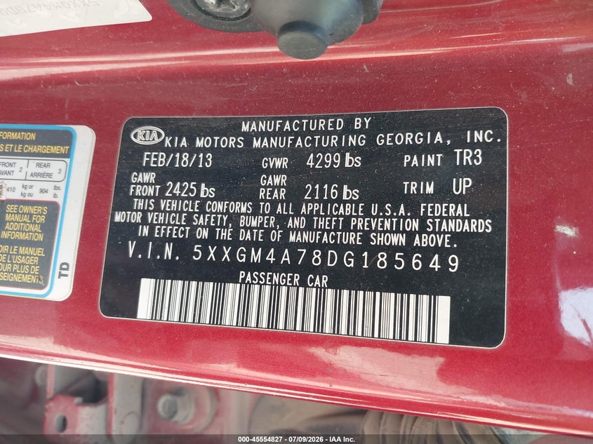2013 Kia Optima VIN 5XXGM4A78DG185649 IAAI salvage auction — ALL OVER, Nrc Lienholder Repossession Paperwork (Texas), sold $25 on 2026-07-29 (photo 9)