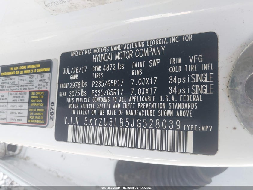 2018 Hyundai Santa fe VIN 5XYZU3LB5JG528039 IAAI salvage auction — NORMAL WEAR, Nrc Lienholder Repossession Paperwork (Alabama), sold $300 on 2026-07-30 (photo 9)