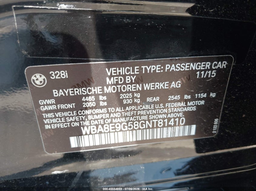2016 BMW 3er VIN WBA8E9G58GNT81410 IAAI salvage auction — RIGHT SIDE, Wait Title, sold $1,650 on 2026-08-17 (photo 9)