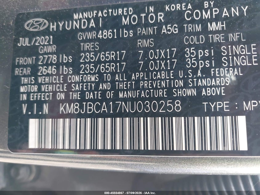 2022 Hyundai Tucson VIN KM8JBCA17NU030258 IAAI salvage auction — FRONT END, Salvage Title, sold $7,800 on 2026-07-26 (photo 9)