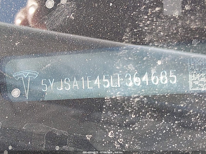 2020 Tesla Model s VIN 5YJSA1E45LF364685 IAAI salvage auction — FRONT END, Salvage Title, sold $25 on 2026-07-24 (photo 9)