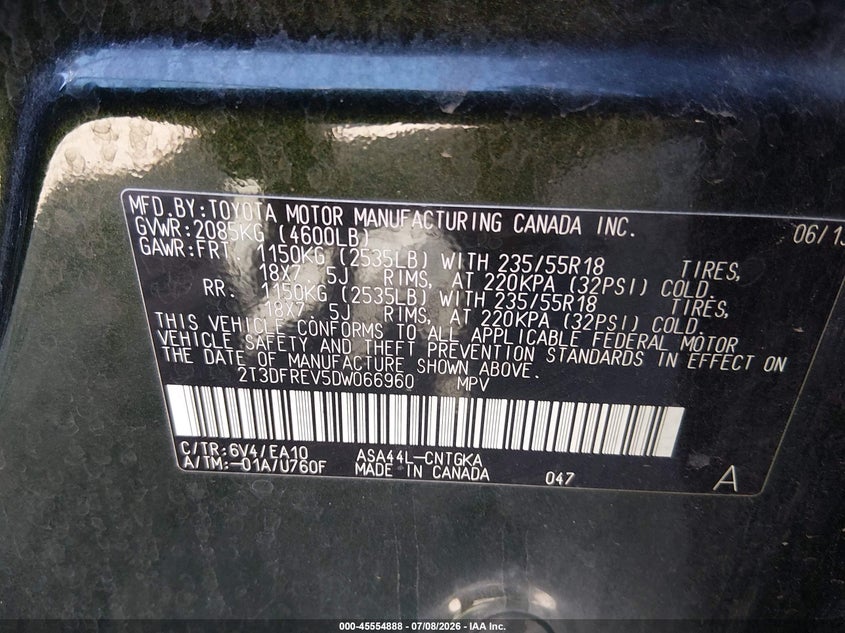 2013 Toyota Rav 4 VIN 2T3DFREV5DW066960 IAAI salvage auction — NORMAL WEAR, Regular (Nevada), sold $3,050 on 2026-07-18 (photo 9)