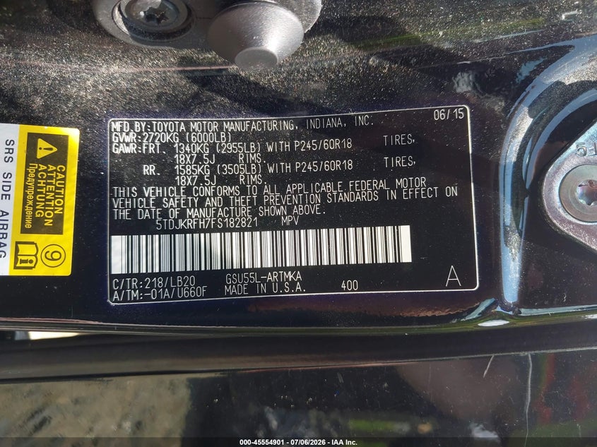 2015 Toyota Highlander VIN 5TDJKRFH7FS182821 IAAI salvage auction — FRONT END, Salvage (Virginia), sold $5,800 on 2026-07-20 (photo 9)
