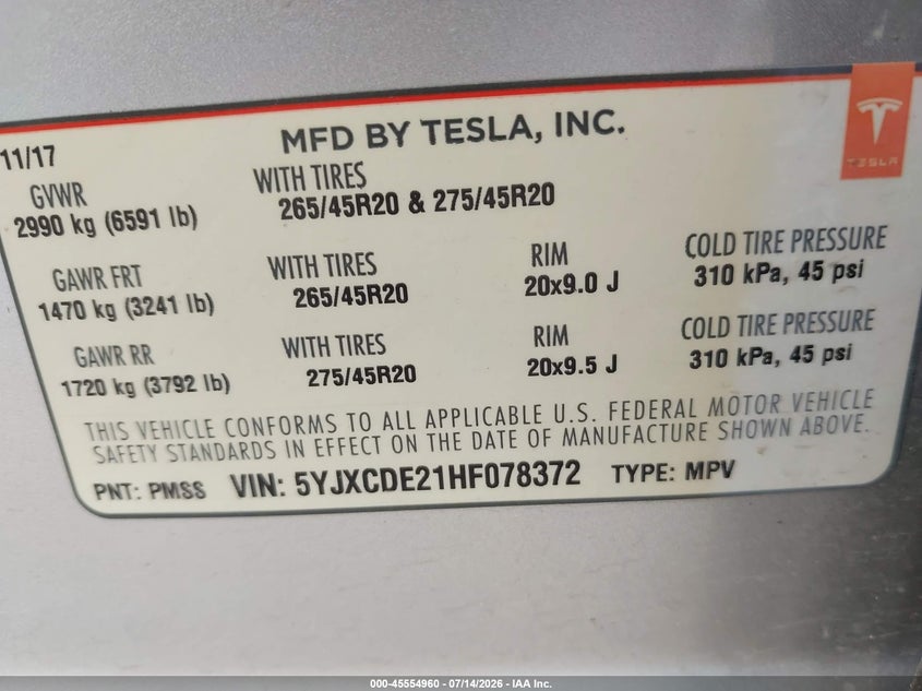 2017 Tesla Model x VIN 5YJXCDE21HF078372 IAAI salvage auction — FRONT END, Salvage Title, sold $5,150 on 2026-10-02 (photo 9)