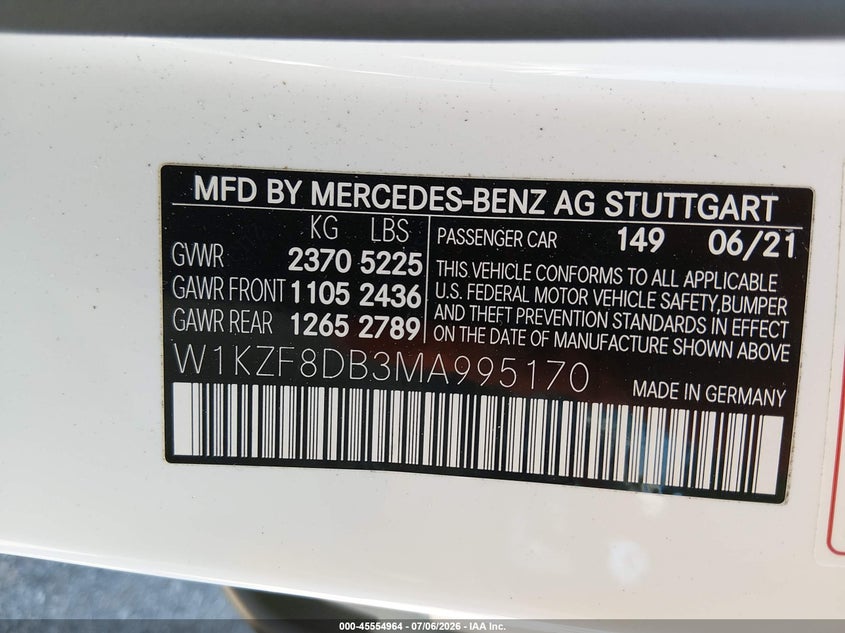 2021 Mercedes-benz E-klasse VIN W1KZF8DB3MA995170 IAAI salvage auction — REAR END, Salvage (California), sold $13,100 on 2026-07-28 (photo 9)