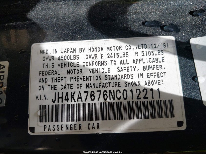1992 Acura Legend VIN JH4KA7676NC012211 IAAI salvage auction — NORMAL WEAR, Clear - Dealer Only (California), sold $250 on 2026-07-20 (photo 9)