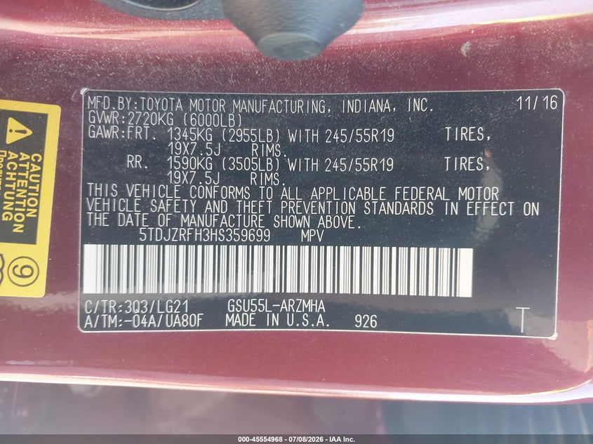 2017 Toyota Highlander VIN 5TDJZRFH3HS359699 IAAI salvage auction — FRONT END, Salvage Title, sold $6,500 on 2026-08-02 (photo 9)