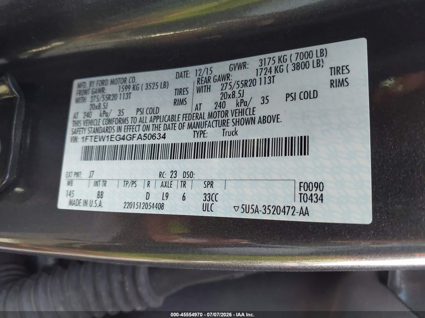 2016 Ford F-150 VIN 1FTEW1EG4GFA50634 IAAI salvage auction — REAR END, Salvage (Louisiana), sold $5,100 on 2026-07-19 (photo 9)
