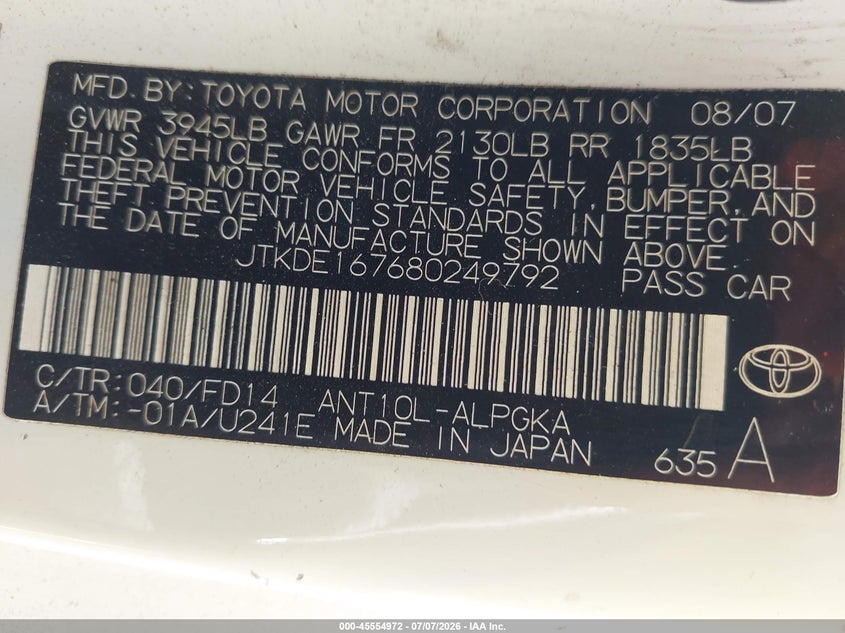 2008 Scion Tc VIN JTKDE167680249792 IAAI salvage auction — FRONT & REAR, Salvage (California), sold $675 on 2026-07-14 (photo 9)