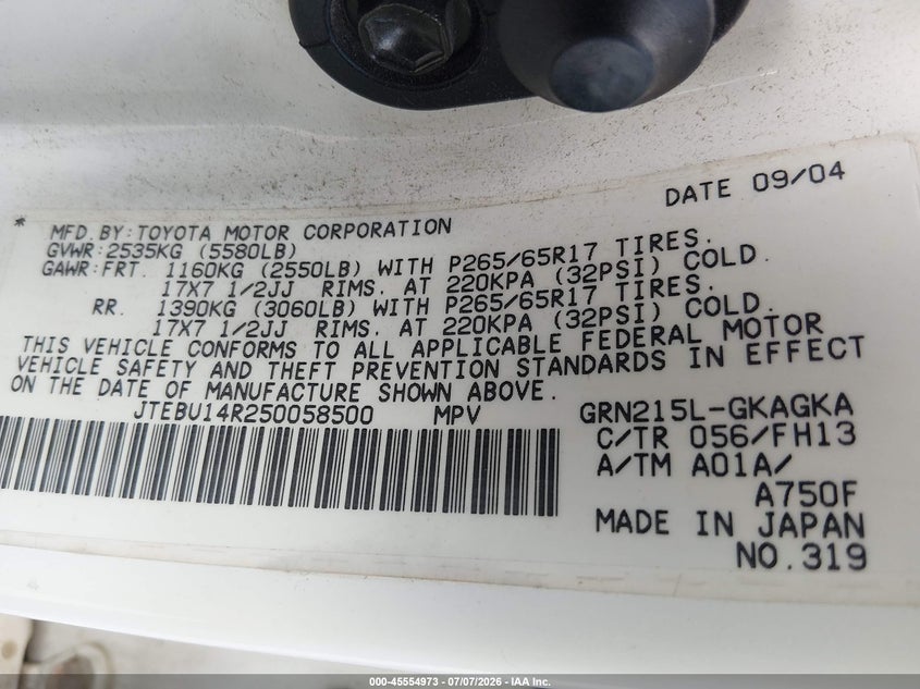 2005 Toyota 4runner VIN JTEBU14R250058500 IAAI salvage auction — NORMAL WEAR, Original (Ohio), sold $3,975 on 2026-07-14 (photo 9)