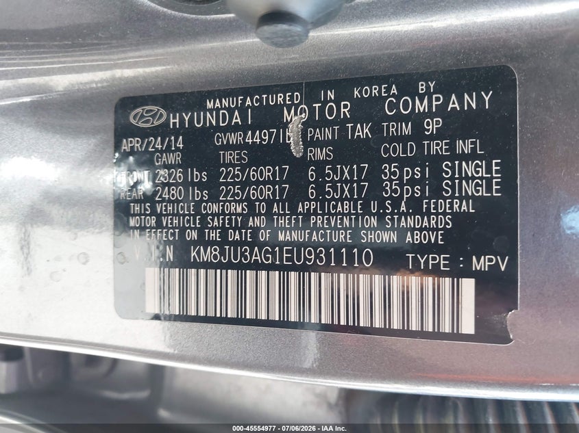 2014 Hyundai Tucson VIN KM8JU3AG1EU931110 IAAI salvage auction — NORMAL WEAR, Clear - Dealer Only (California), sold $825 on 2026-07-09 (photo 9)