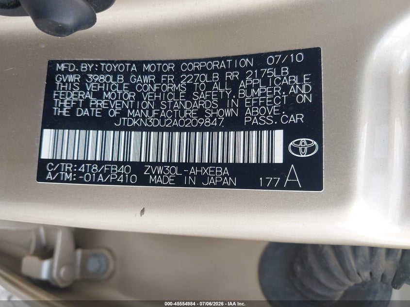 2010 Toyota Prius VIN JTDKN3DU2A0209847 IAAI salvage auction — REAR END, Salvage (Georgia), sold $1,850 on 2026-07-29 (photo 9)