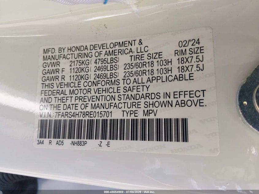 2024 Honda Cr-v VIN 7FARS4H78RE015701 IAAI salvage auction — FRONT END, Salvage (Idaho), sold $2,850 on 2026-07-27 (photo 9)