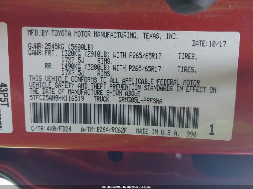 2017 Toyota Tacoma VIN 5TFCZ5AN9HX116519 IAAI salvage auction — FRONT END, Salvage (Idaho), sold $9,700 on 2026-07-29 (photo 9)