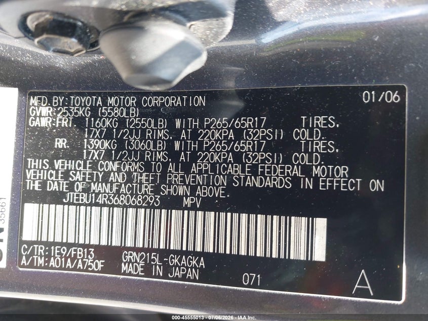2006 Toyota 4runner VIN JTEBU14R368068293 IAAI salvage auction — NORMAL WEAR, Original (Ohio), sold $4,125 on 2026-07-14 (photo 9)
