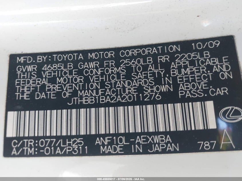 2010 Lexus Hs 250h VIN JTHBB1BA2A2011276 IAAI salvage auction — FRONT & REAR, Salvage (California), sold $1,600 on 2026-07-15 (photo 9)