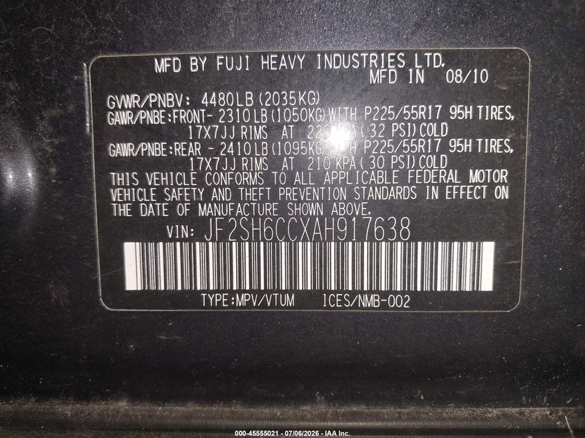2010 Subaru Forester VIN JF2SH6CCXAH917638 IAAI salvage auction — NORMAL WEAR, Clear (Minnesota), sold $25 on 2026-07-15 (photo 9)