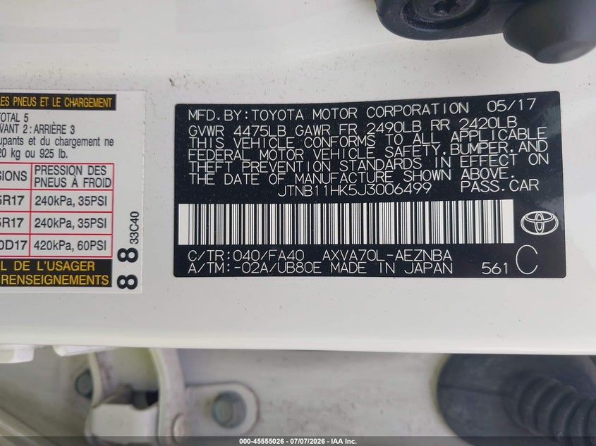 2018 Toyota Camry VIN JTNB11HK5J3006499 IAAI salvage auction — RIGHT FRONT, Salvage (Ohio), sold $1,950 on 2026-07-23 (photo 9)