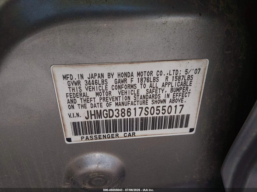 2007 Honda Fit VIN JHMGD38617S055017 IAAI salvage auction — NORMAL WEAR, Clear (Louisiana), sold $500 on 2026-07-22 (photo 9)