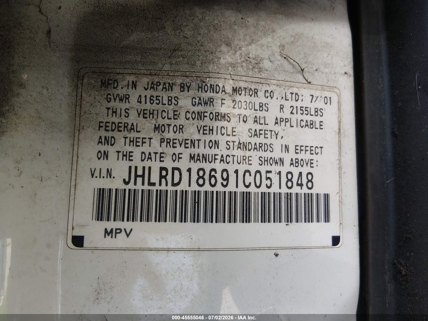 2001 Honda Cr-v VIN JHLRD18691C051848 IAAI salvage auction — NORMAL WEAR, Clear - Dealer Only (California), sold $550 on 2026-07-29 (photo 9)
