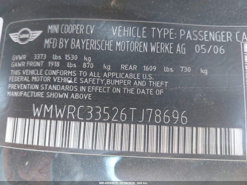 2006 Mini Cooper VIN WMWRC33526TJ78696 IAAI salvage auction — REAR END, Salvage (California), sold $475 on 2026-07-15 (photo 9)