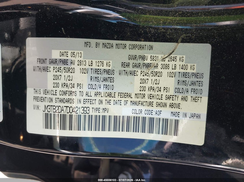 2013 Mazda Cx-9 VIN JM3TB2DA7D0421393 IAAI salvage auction — RIGHT FRONT, Salvage Certificate (California), sold $25 on 2026-07-24 (photo 9)
