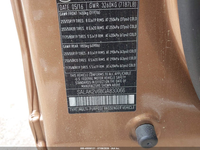 2016 Land rover Lr4 VIN SALAK2V68GA830066 IAAI salvage auction — NORMAL WEAR, Clear (Maryland), sold $3,300 on 2026-07-20 (photo 9)