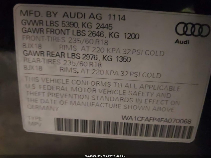2015 Audi Q5 VIN WA1CFAFP4FA070068 IAAI salvage auction — NORMAL WEAR, Clear (Minnesota), sold $2,250 on 2026-07-29 (photo 9)