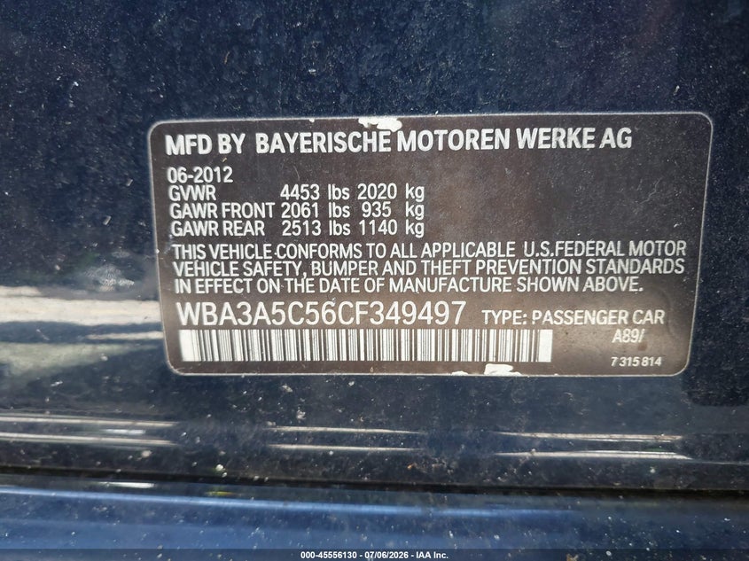 2012 BMW 3er VIN WBA3A5C56CF349497 IAAI salvage auction — NORMAL WEAR, Clear (Florida), sold $375 on 2026-07-29 (photo 9)