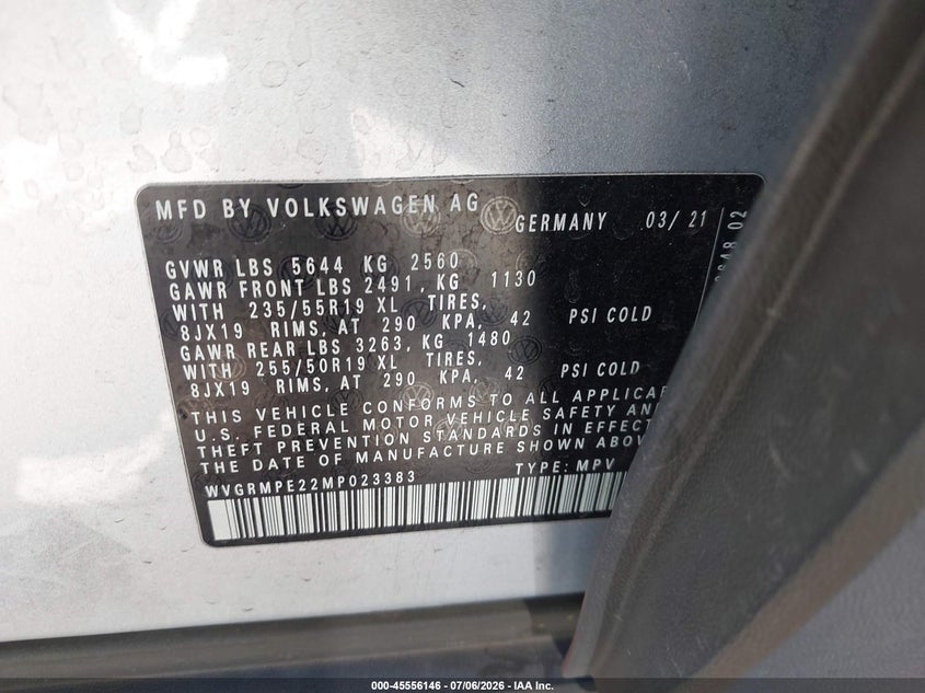 2021 Volkswagen Id.4 VIN WVGRMPE22MP023383 IAAI salvage auction — FRONT END, Salvage Title, sold $6,600 on 2026-08-02 (photo 9)