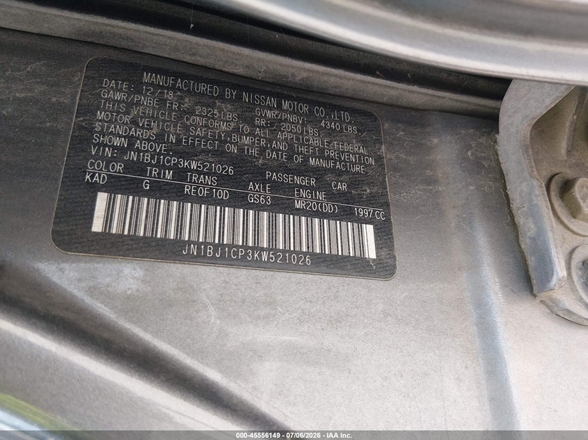 2019 Nissan Rogue VIN JN1BJ1CP3KW521026 IAAI salvage auction — NORMAL WEAR, Clear (Louisiana), sold $2,150 on 2026-07-22 (photo 8)