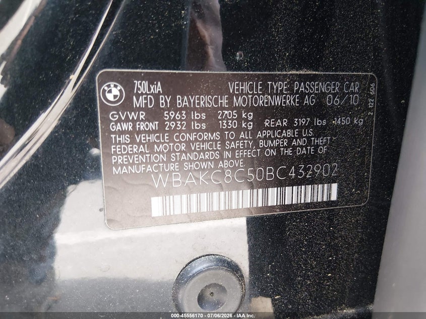 2011 BMW 7 series VIN WBAKC8C50BC432902 IAAI salvage auction — NORMAL WEAR, Clear (North Carolina), sold $475 on 2026-07-19 (photo 9)