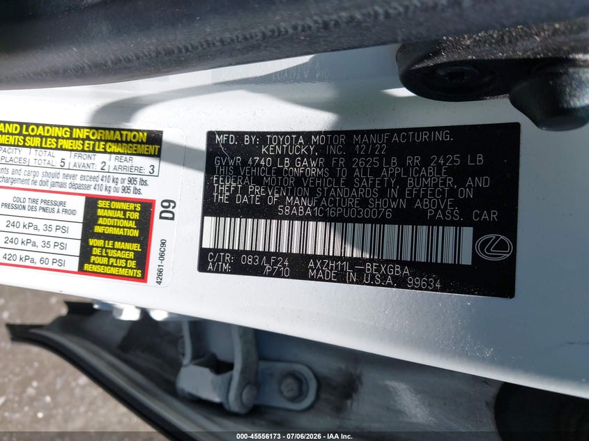 2023 Lexus ES VIN 58ABA1C16PU030076 IAAI salvage auction — FRONT END, Salvage Certificate (California), sold $15,350 on 2026-07-31 (photo 9)