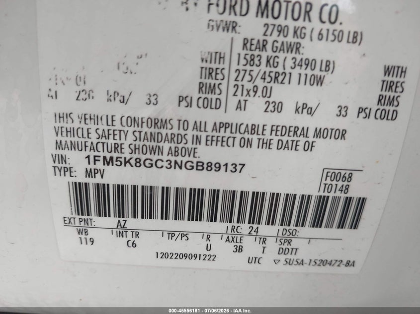 2022 Ford Explorer VIN 1FM5K8GC3NGB89137 IAAI salvage auction — FRONT END, Salvage Title, sold $12,100 on 2026-07-28 (photo 9)