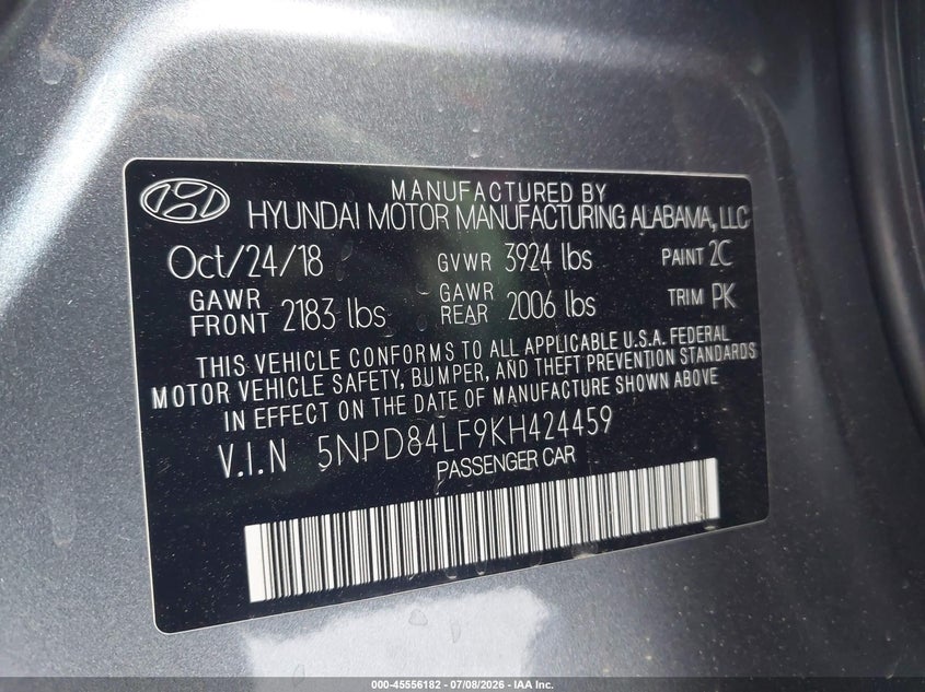 2019 Hyundai Elantra VIN 5NPD84LF9KH424459 IAAI salvage auction — LEFT FRONT, Salvage Title, sold $1,300 on 2026-07-17 (photo 9)