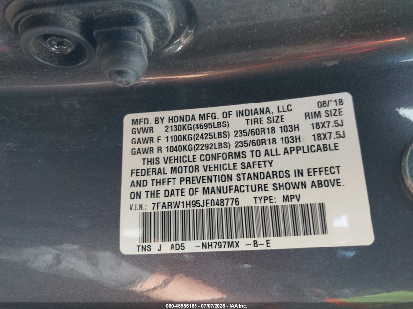 2018 Honda Cr-v VIN 7FARW1H95JE048776 IAAI salvage auction — SIDE, Salvage (Ohio), sold $7,100 on 2026-07-16 (photo 9)