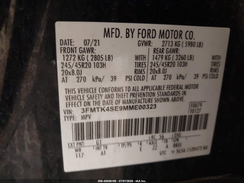 2021 Ford Mustang mach-e VIN 3FMTK4SE9MME00323 IAAI salvage auction — UNKNOWN, Salvage (Utah), sold $8,100 on 2026-07-30 (photo 9)